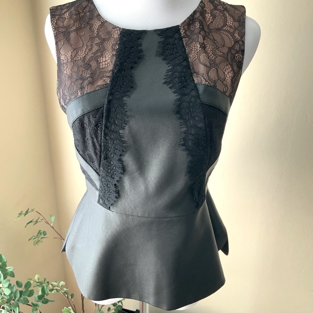 CLUB MONACO Black/nude sheer lace and Faux leather Peplum top Size Small